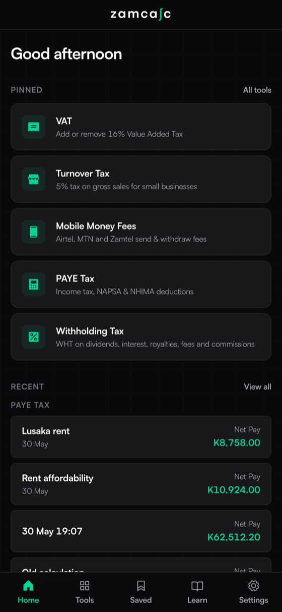 Zamcalc app home screen with pinned and recent Zambian calculators